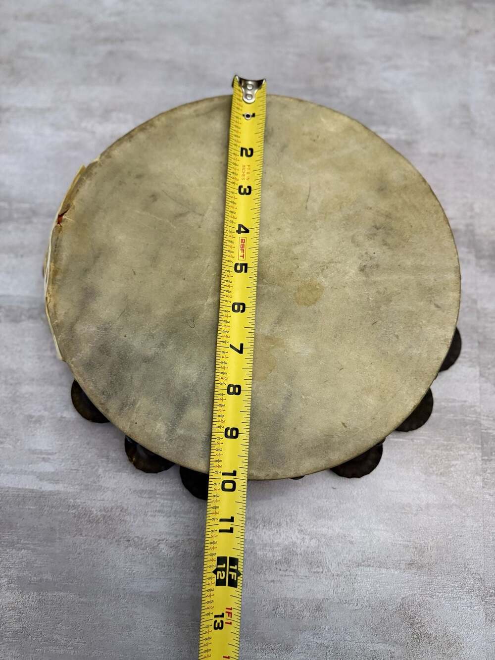 Vintage 10-Inch Wood Rim Calfskin Tambourine - Picture 3 of 5